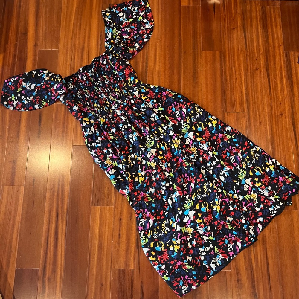 Silk Floral Maxi Dress Tanya Taylor Smock Midi Dress Black Multi Off Shoulder XS